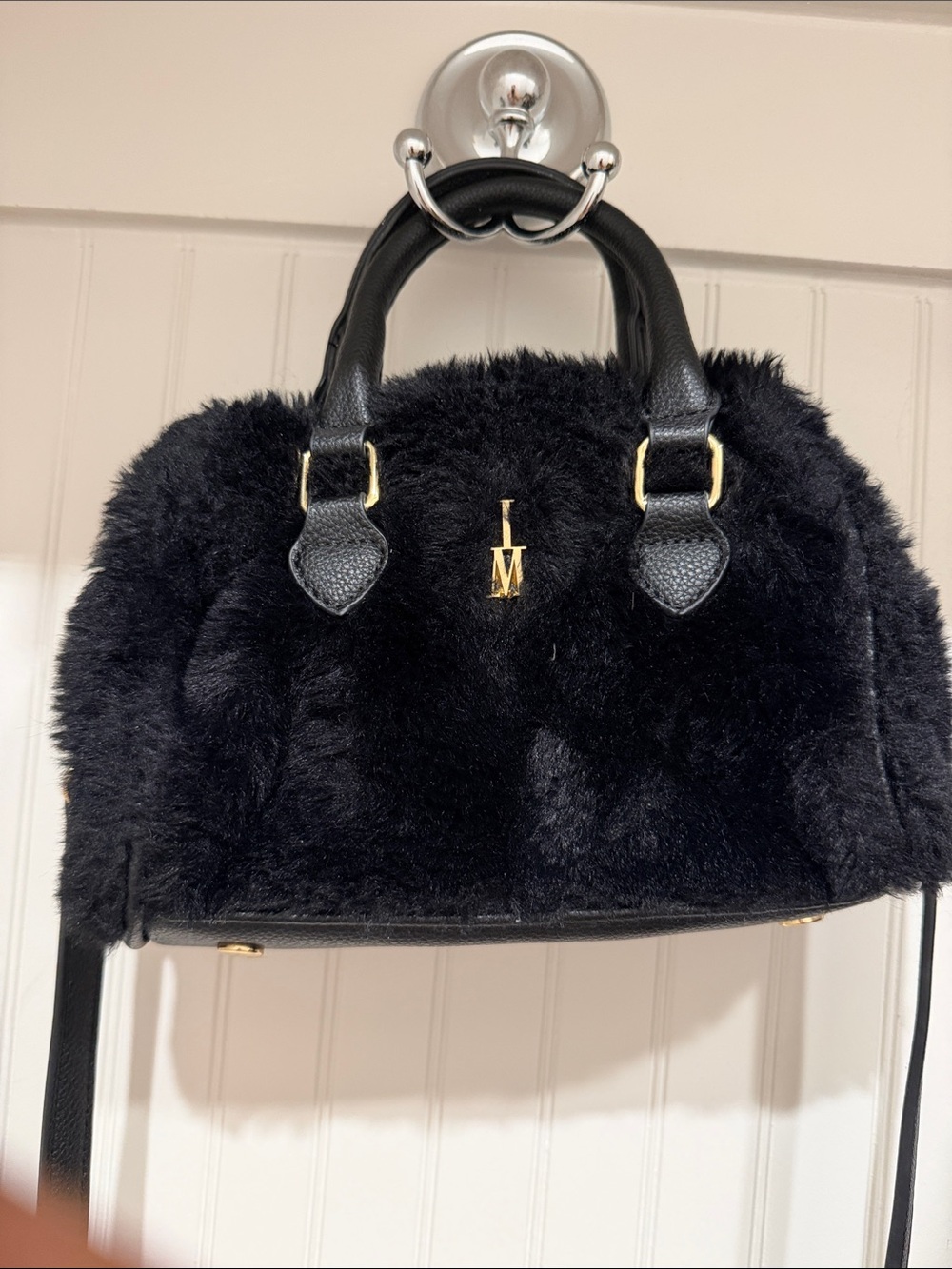 Isaac Mizrahi Black Faux Fur Satchel with Gold Initial